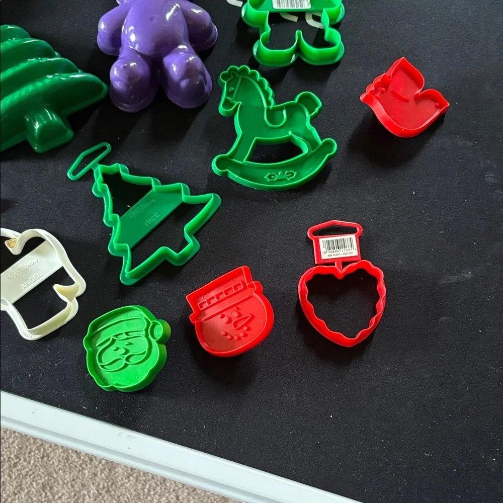 Assorted Holiday Cookie Cutters and Molds - Green, Red, White, Purple